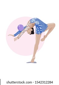 Rythmic gymnast with a ball in a pose. Flat vector illustration in soft pastel colors