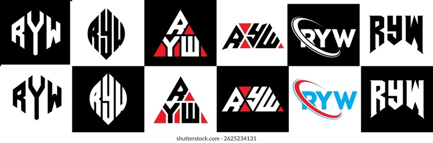 RYW letter logo design in six style. RYW polygon, circle, triangle, hexagon, flat and simple style with black and white color variation letter logo set in one artboard. RYW minimalist and classic logo
