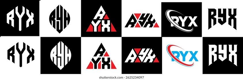Diseño del logotipo de la letra de RYX en seis estilos. RYX polígono, círculo, triángulo, hexágono, estilo plano y simple con logo de letra de variación de color blanco y negro en una mesa de trabajo. Logotipo minimalista y clásico de RYX