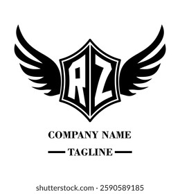 RZ bold shield logo with wings, customizable with letters A to Z. Perfect for brands seeking a powerful symbol of strength, freedom, and ambition