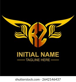 RZ Golden Wing Emblem Logo with elegant gold wings, sleek and modern design. Ideal for branding, creative projects, luxury businesses, or artistic ventures.