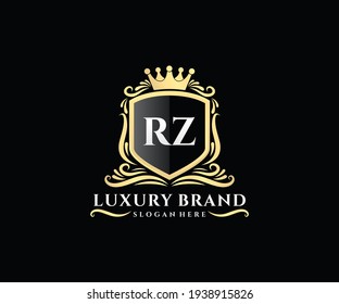 RZ Initial Letter, Gold text with feminine floral hand drawn heraldic monogram, Antique vintage style luxury logo design.