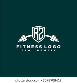 RZ initial monogram for fitnes or gym logo with creative shield and barbell design