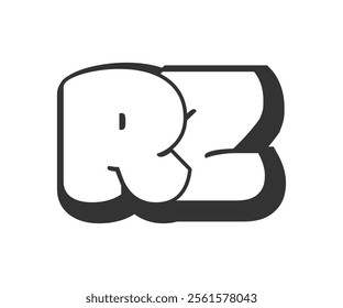 RZ logo, bubble comic lettering, rounded in graffiti style black and white silhouette. Trendy preschool R and Z letter text for festival party, personal initials, children funky print and web.