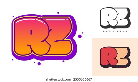 RZ logo design for festival or party. Initial letter r and z in graffiti style. Creative modern lettering company name of font typography. Kids trendy logotype or identity. Vector illustration.