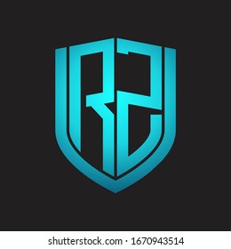 Monograma del logotipo RZ con diseño de escudo de emblemas aislado con colores azules sobre fondo negro