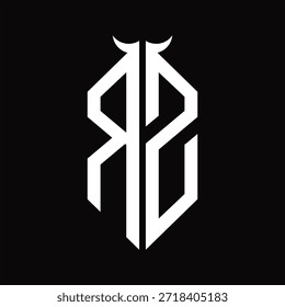 RZ Logo monograma con forma de cuerno aislado Plantilla de diseño en blanco y negro sobre fondo negro