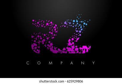 RZ R Z Letter Logo with Purple Blue Particles and Bubble Dots Design Vector.