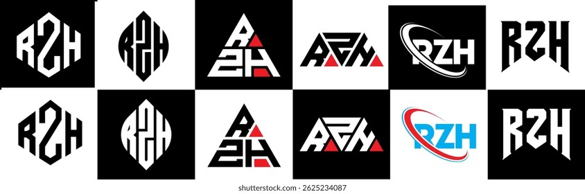 Design de logotipo de letra RZH em estilo seis. Polígono RZH, círculo, triângulo, hexágono, estilo simples e plano com logotipo de letra de variação de cor preto e branco definido em uma prancheta. RZH minimalista e logotipo clássico
