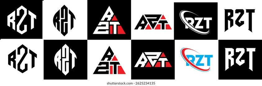 RZT letter logo design in six style. RZT polygon, circle, triangle, hexagon, flat and simple style with black and white color variation letter logo set in one artboard. RZT minimalist and classic logo