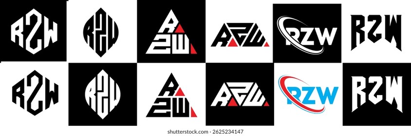 RZW letter logo design in six style. RZW polygon, circle, triangle, hexagon, flat and simple style with black and white color variation letter logo set in one artboard. RZW minimalist and classic logo