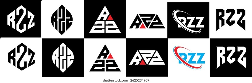 RZZ letter logo design in six style. RZZ polygon, circle, triangle, hexagon, flat and simple style with black and white color variation letter logo set in one artboard. RZZ minimalist and classic logo