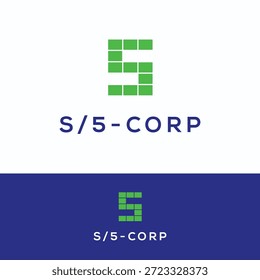 S 5 maze brick tile flat logotype. Sport green technology logo.