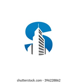 S alphabet building negative space letter logo blue