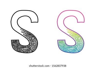 S alphabet letters. Hand drawing ornaments of Nature theme. Best for cosmetic and organic or luxury vintage products. Two styles with black and color gradients, separate layers vector illustration.