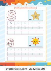 Hoja de trabajo de práctica de seguimiento del alfabeto S. Página de libro de coloración educativa con ilustración de vector de esquema para preescolar