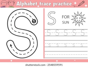 
Planilha de prática de traçado do alfabeto S e página do livro de coloração do Sol com vetor de contorno para crianças pré-escolares
