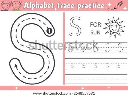 
S alphabet tracing practice worksheet and Sun coloring book page with outline vector for Pre-school Kids
