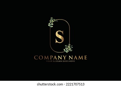 S Beauty vector initial logo, Golden floral letters with flowers leaves and gold splatters isolated on white background. Vector illustration for wedding, greeting cards, invitations template design