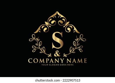 S Beauty vector initial logo, Golden floral letters with flowers leaves and gold splatters isolated on white background. Vector illustration for wedding, greeting cards, invitations template design