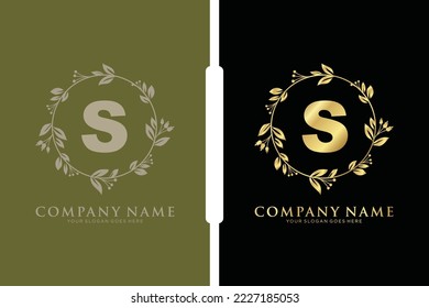 S Beauty vector initial logo, Golden floral letters with flowers leaves and gold splatters isolated on white background. Vector illustration for wedding, greeting cards, invitations template design
