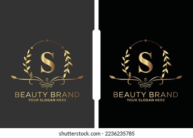 S Beauty vector initial logo, Golden floral letters with flowers leaves and gold splatters isolated on white background. Vector illustration for wedding, greeting cards, invitations template design