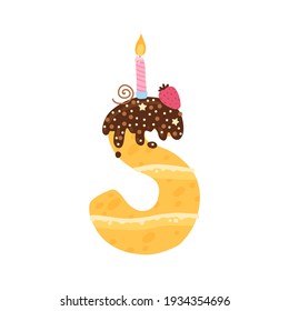S - Torta de cumpleaños con hielo, gafas de caramelo. Biscuit con crema tallada en forma de letra inglesa. Ilustración vectorial en un sencillo estilo dibujado a mano. Aislamiento colorido