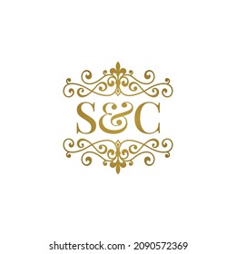 S C initials logo ornament gold. Letter SC wedding ampersand or business partner symbol.	