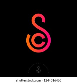 S, C letters. S and C monogram consist of pink-orange lines. Intertwined letters, isolated on a dark background. Monochrome option.