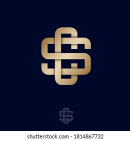 S and C letters. S, C monogram consist of intertwined gold lines, isolated on a dark background. Gold luxury logo.