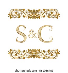 S and C vintage initials logo symbol. The letters are surrounded by ornamental elements. Wedding or business partners monogram in royal style.