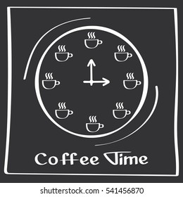 It s coffee time. Hand drawing poster with phrase decor elements. Typography card, image with lettering. Design elements