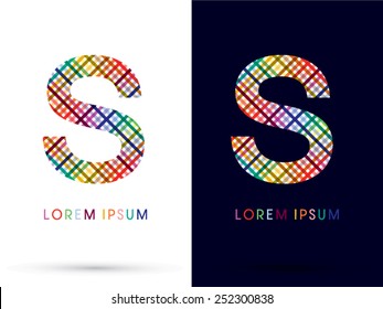 S ,colorful font,designed using colors line on white and black background, concept wicker,basket ,woven, ribbons,happy,fun,joy,fantasy,love,gift,logo, symbol, icon, graphic, vector.