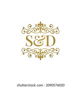 S D initials logo ornament gold. Letter SD wedding ampersand or business partner symbol.	