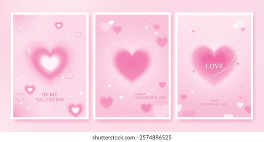 Valentine’ s day card set with blur gradient heart on pastel pink background trendy minimal template with brutalism shapes for social post, banner, poster, cover design.