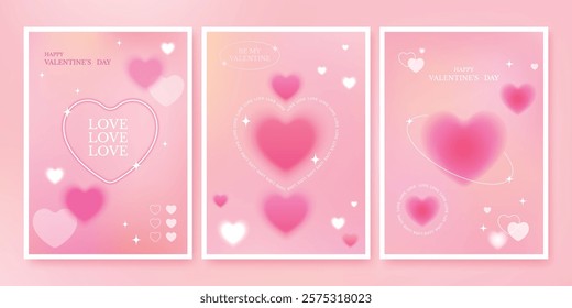 Valentine’ s day card set with blur gradient heart on pink background trendy minimal template with brutalism shapes for social post, banner, poster, cover design.