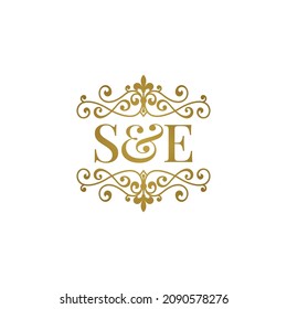 S E initial logo ornament gold. Letter SE wedding ampersand or business partner symbol.	