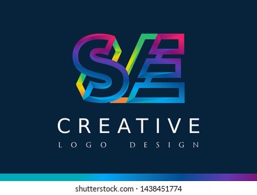 S E Logo. SE Letter Design Vector with Magenta blue and green yellow color