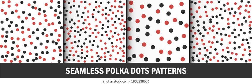 S
et of multicolored polka dots patterns. Graphic stylish seamless vector backgrounds. Collection of classic red and black colored patterns for fabric, textile, wrapping etc.ctio