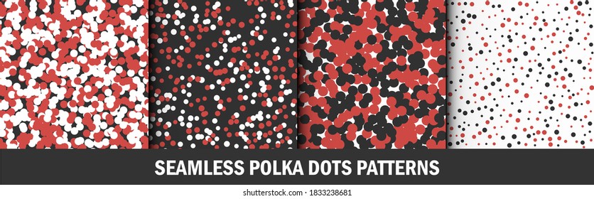 S
et de patrones de puntos de polka multicolores. Gráficos vectoriales sin costura. Colección de patrones clásicos de color rojo y negro para tela, textil, envoltura, etc.ctio