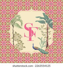 S F typography wedding monogram. Moroccan decorative frame pattern with plant and peacock