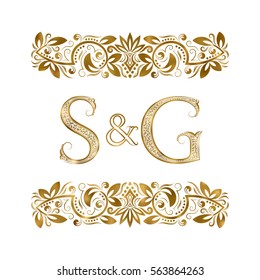 S and G vintage initials logo symbol. The letters are surrounded by ornamental elements. Wedding or business partners monogram in royal style.