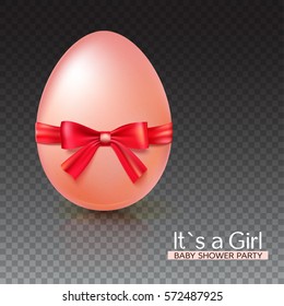 It s a girl baby shower concept with red ribbon bow and egg. Vector illustration. Party invitation template on transparent background.