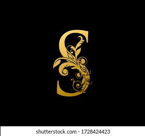 S Gold Letter Logo With Elegant Floral Design. Vintage drawn emblem for book design, brand name, letter stamp, Restaurant, Boutique, Hotel.  