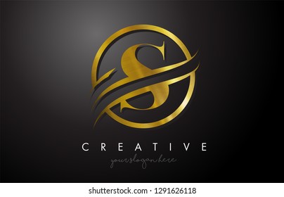 S Golden Letter Logo Design With Circle Swoosh And Gold Metal Texture. Creative Metal Gold S  Letter Design Vector Illustration.