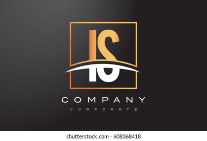 IS I S Golden Letter Logo Design with Swoosh and Rectangle Square Box Vector Design.