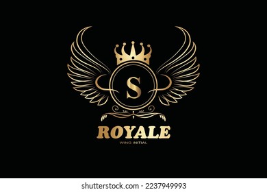 S Golden patterned letters and initial monogram in coat of arms form with crown. Royal font and elements kit for logo design.