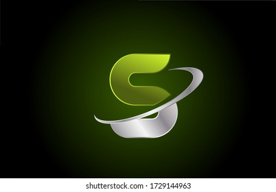 S Green Metallic Alphabet Letter Logo Icon For Business And Company With Grey Swoosh Design