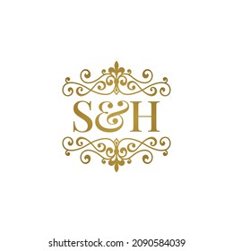 S H initials logo ornament gold. Letter SH wedding ampersand or business partner symbol.	