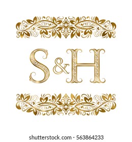 S and H vintage initials logo symbol. The letters are surrounded by ornamental elements. Wedding or business partners monogram in royal style.